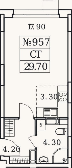 Планировка: Студия, 29,7 м²