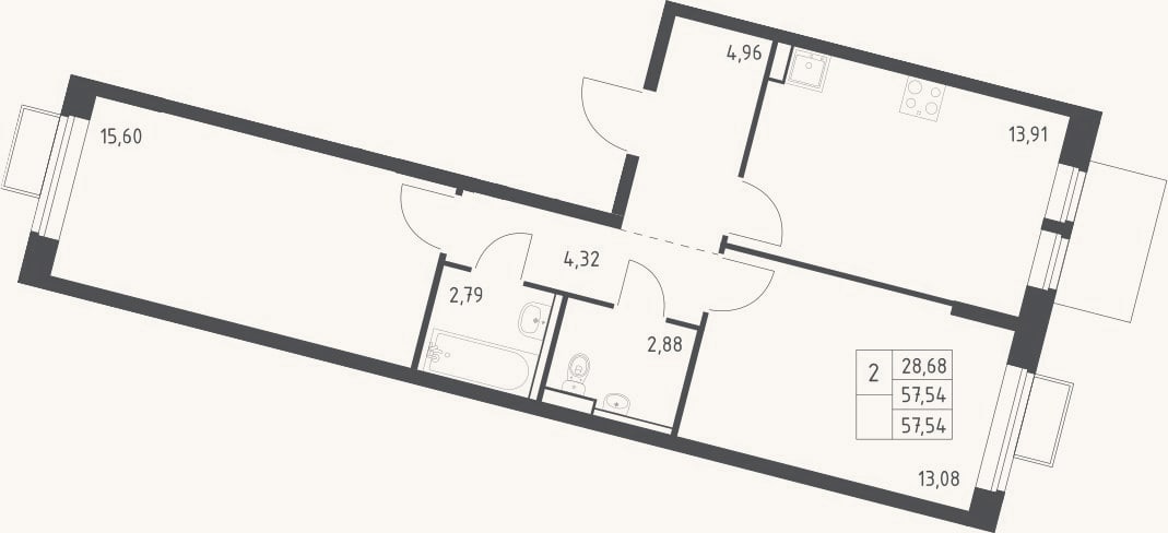 Планировка: 2-к, 57,5 м²