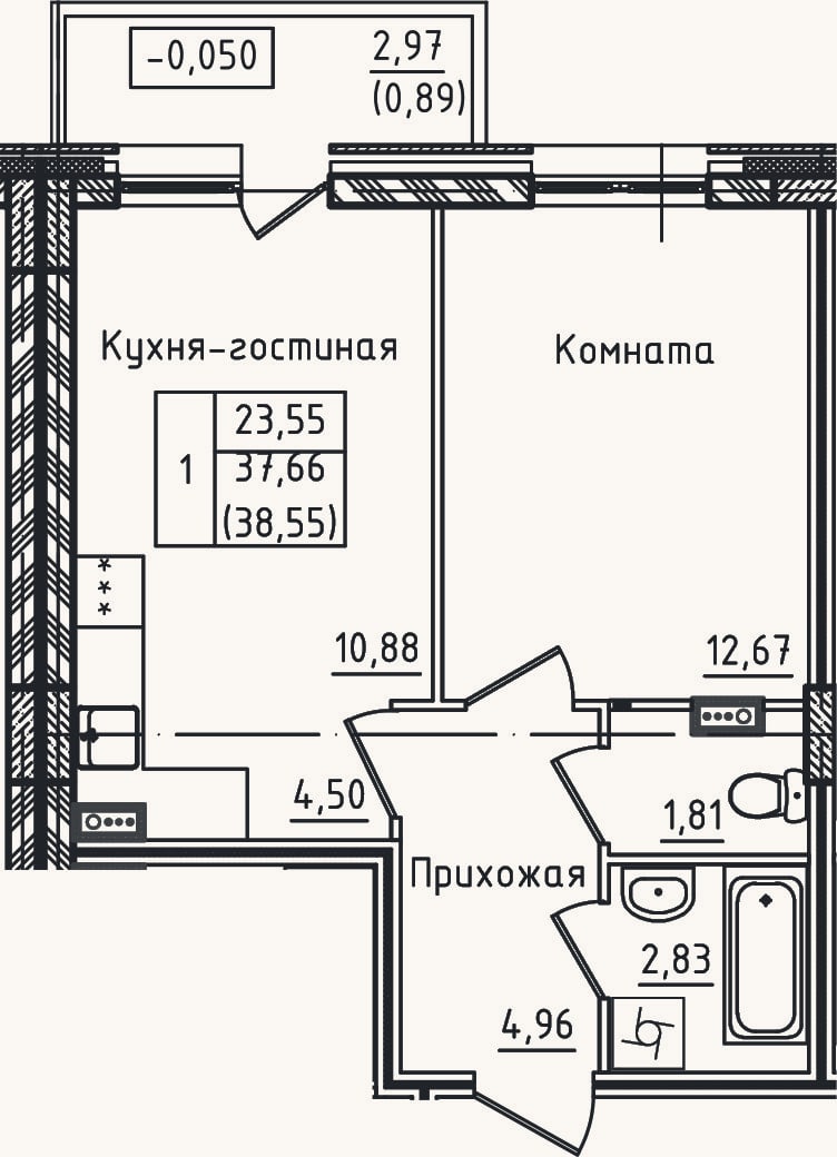 Планировка: 2-к, 37,7 м²