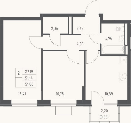 Планировка: 2-к, 51,1 м²