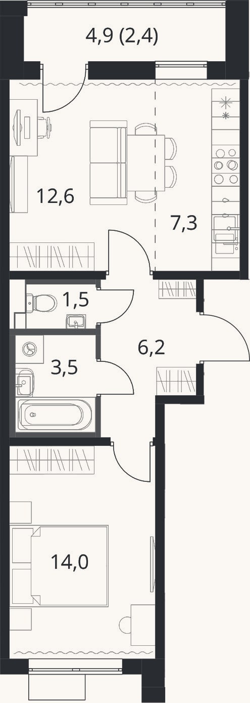 Планировка: 2-к, 45,1 м²