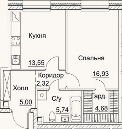 Планировка: 1-к, 48,2 м²