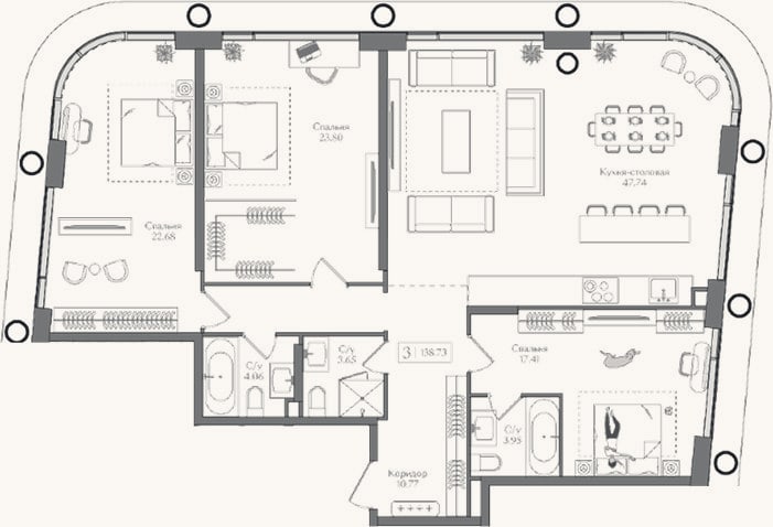 Планировка: 4+ к, 138,7 м²