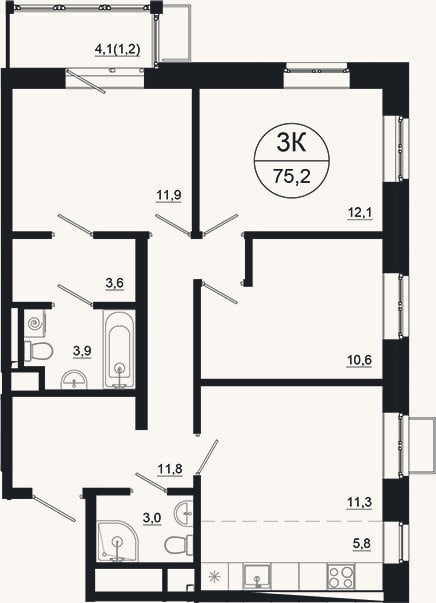 Планировка: 4+ к, 74 м²