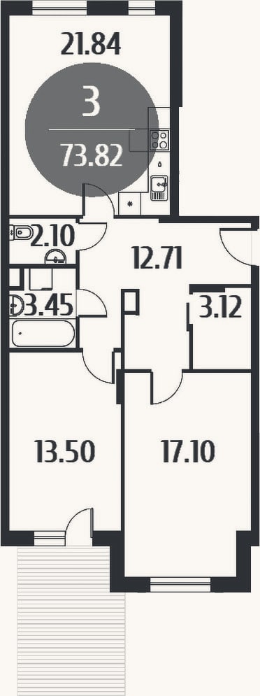 Планировка: 3-к, 73,8 м²