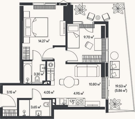 Планировка: 3-к, 53,8 м²