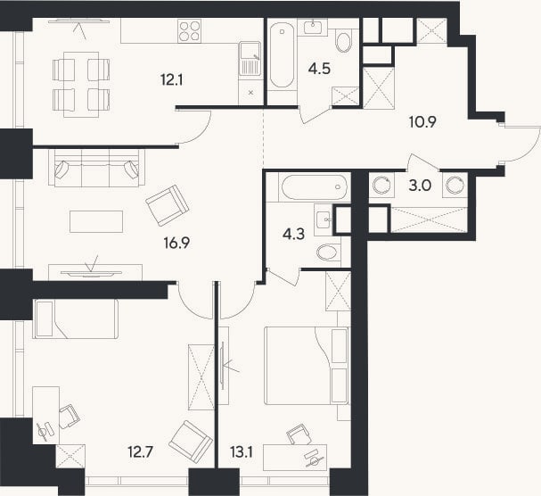 Планировка: 3-к, 77,5 м²