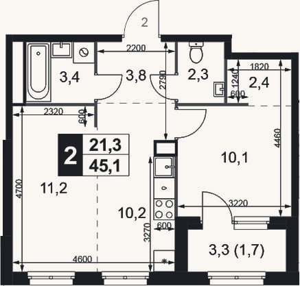 Планировка: 2-к, 43,4 м²