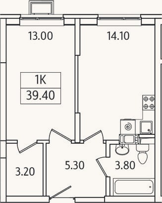 Планировка: 1-к, 39,4 м²