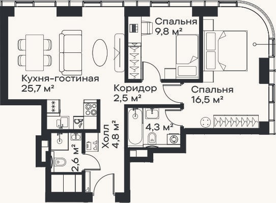 Планировка: 3-к, 66,2 м²