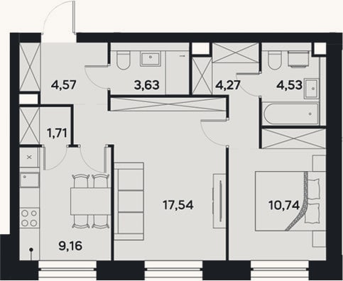 Планировка: 2-к, 56,2 м²