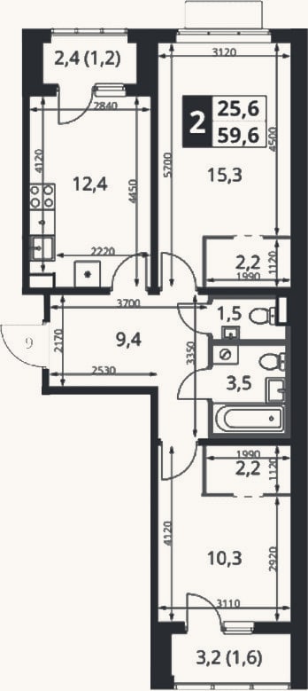 Планировка: 2-к, 56,8 м²