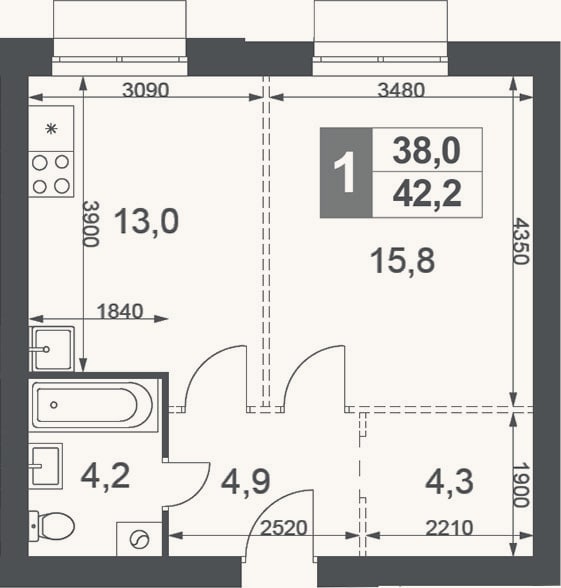 Планировка: 1-к, 42,2 м²