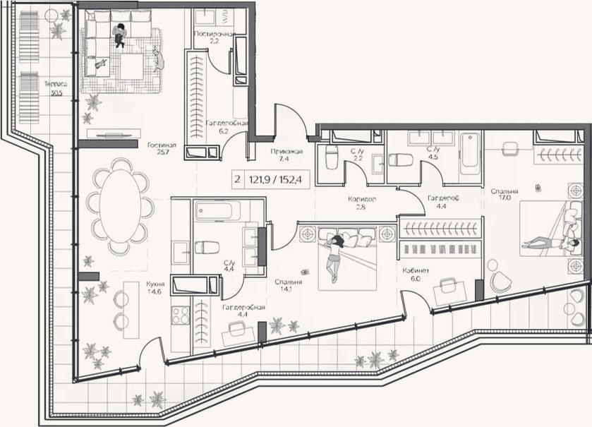 Планировка: 3-к, 121,9 м²