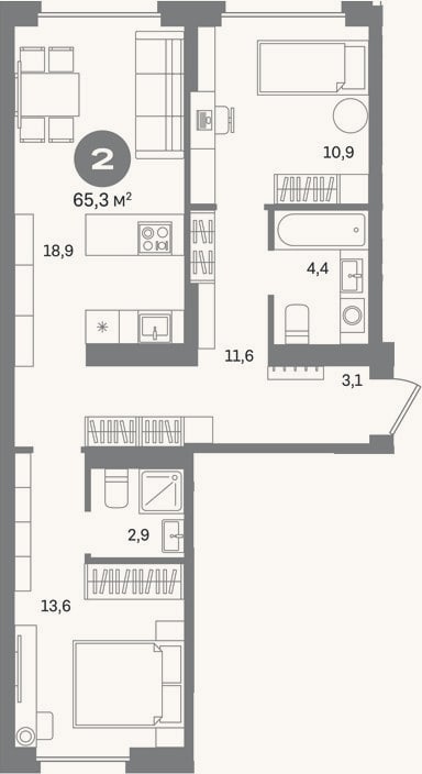 Планировка: 2-к, 65,3 м²