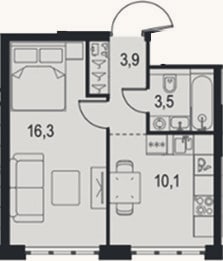 Планировка: 1-к, 33,8 м²