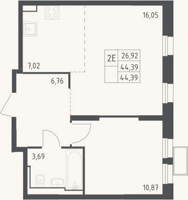 Планировка: 2-к, 44,4 м²