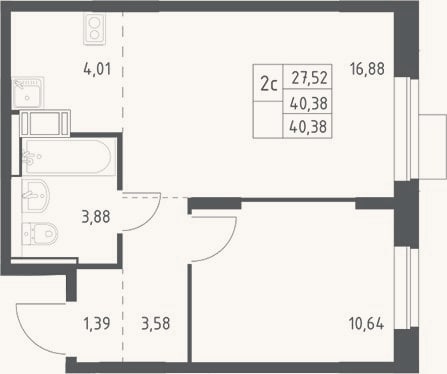 Планировка: 2-к, 40,4 м²