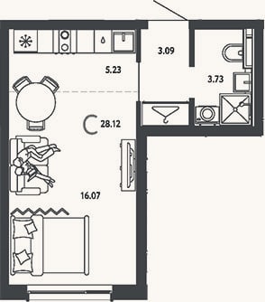 Планировка: Студия, 28,1 м²
