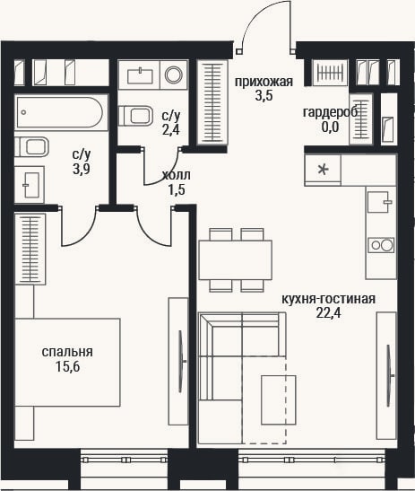 Планировка: 2-к, 51,2 м²