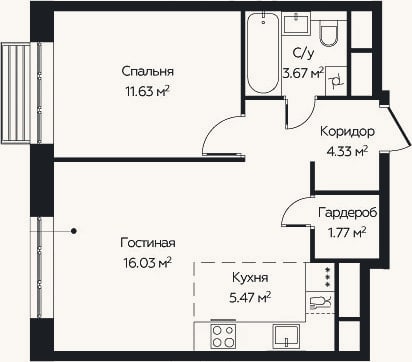 Планировка: 2-к, 42,9 м²