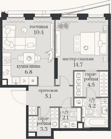 Планировка: 1-к, 51,1 м²
