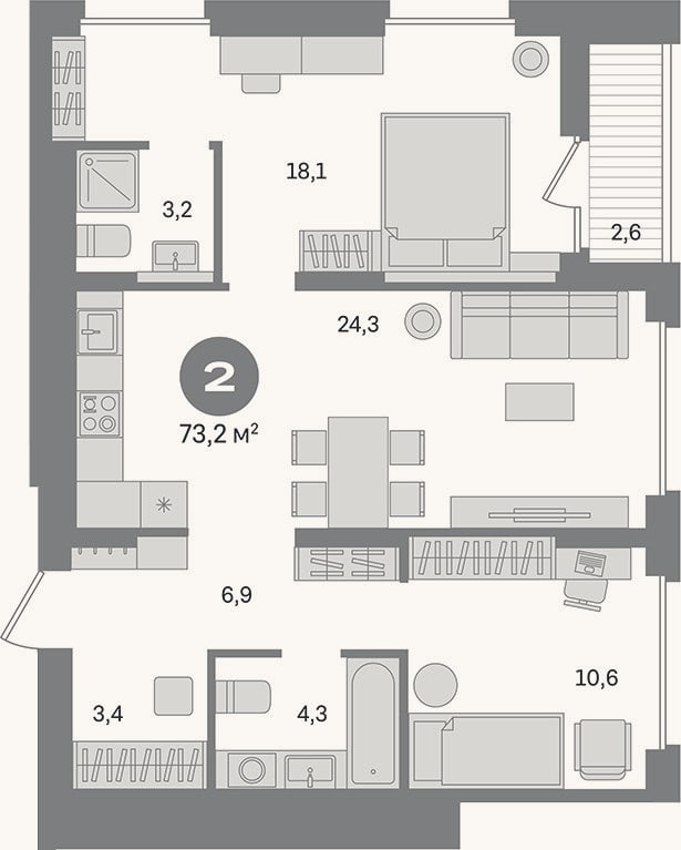 Планировка: 2-к, 70,6 м²