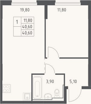 Планировка: 2-к, 40,6 м²
