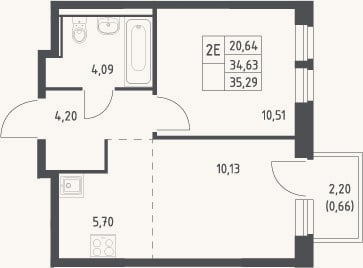Планировка: 2-к, 34,6 м²