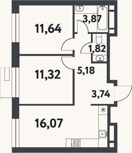 Планировка: 2-к, 53,6 м²