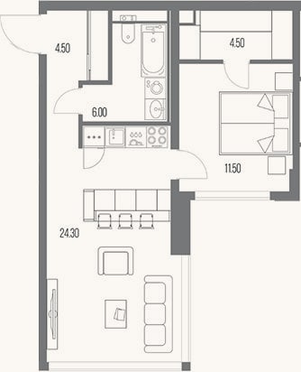 Планировка: 1-к, 50,8 м²