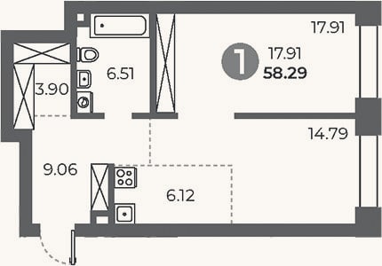 Планировка: 1-к, 58,3 м²