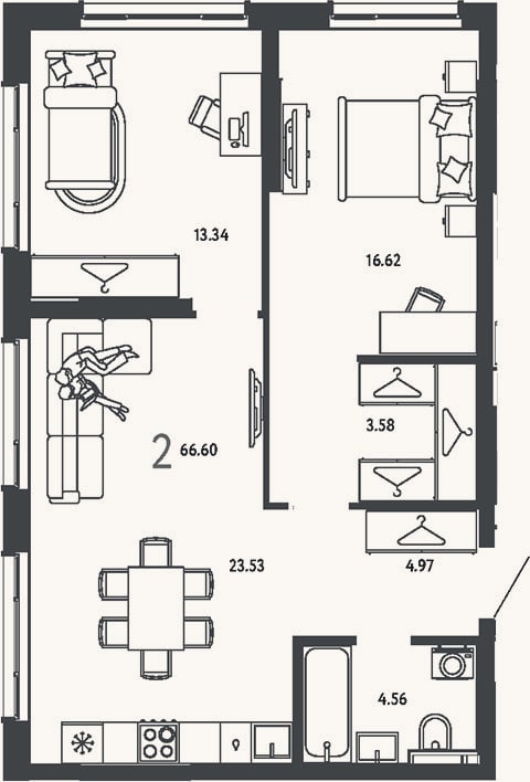 Планировка: 2-к, 66,6 м²