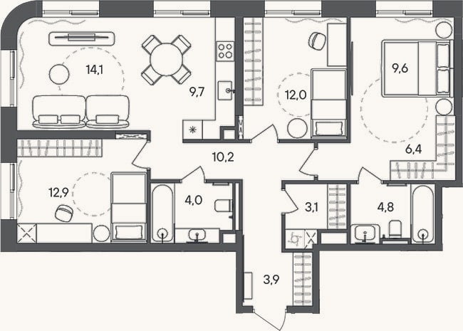 Планировка: 4+ к, 90,7 м²