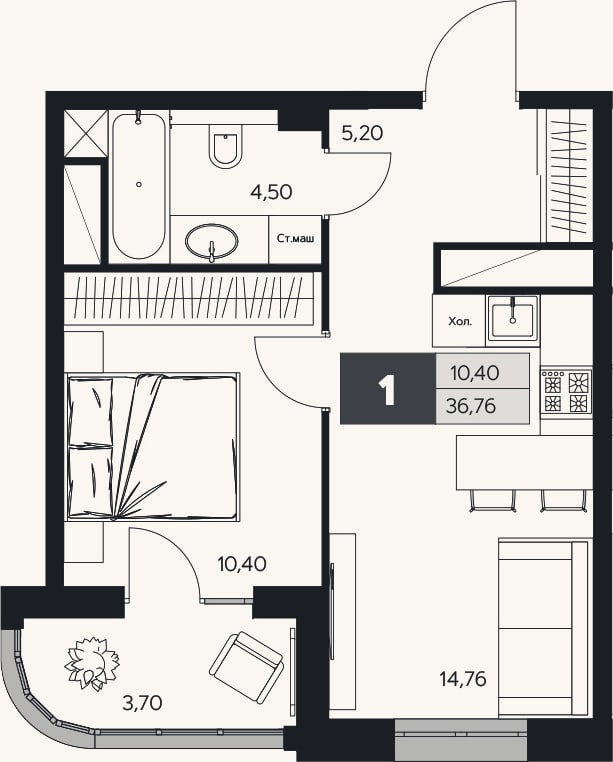 Планировка: 1-к, 34,9 м²