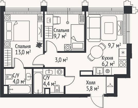 Планировка: 3-к, 55,8 м²