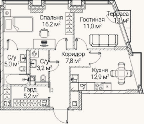 Планировка: 2-к, 61,3 м²