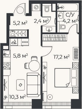 Планировка: 2-к, 45 м²