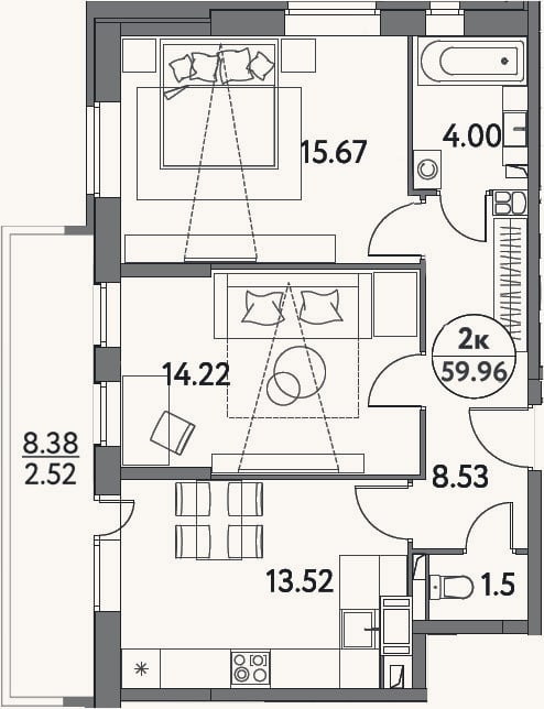 Планировка: 2-к, 57,4 м²