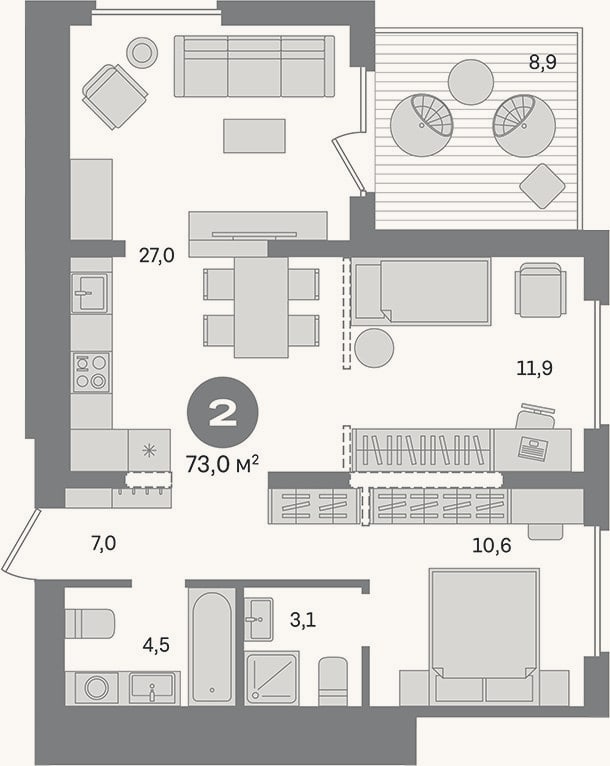 Планировка: 2-к, 64,1 м²