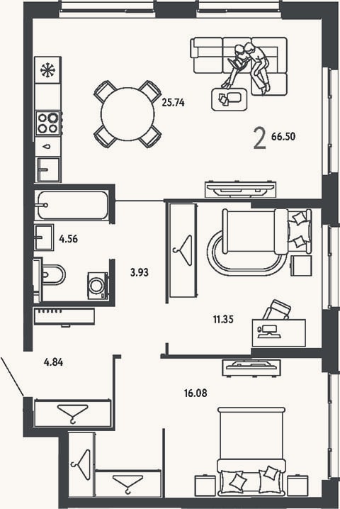 Планировка: 2-к, 66,5 м²