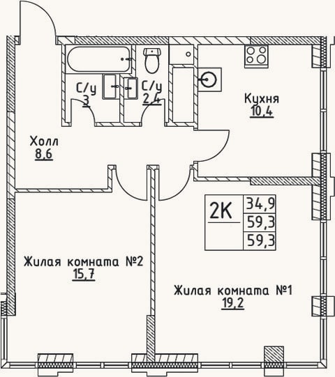 Планировка: 2-к, 59,3 м²