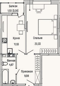 Планировка: 1-к, 45,9 м²