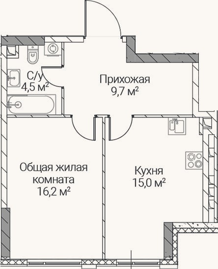 Планировка: 1-к, 45,4 м²