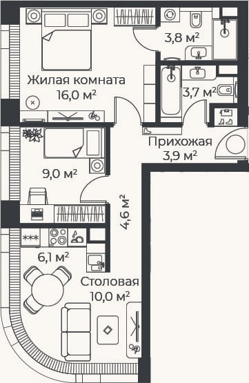 Планировка: 3-к, 57,1 м²