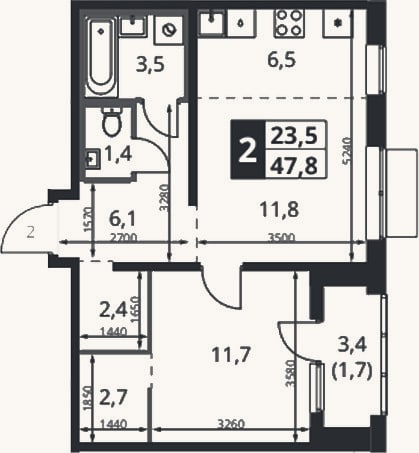 Планировка: 2-к, 47,2 м²