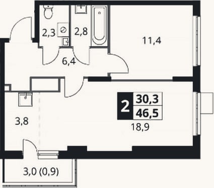 Планировка: 2-к, 45,6 м²