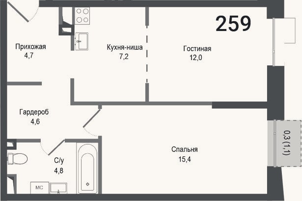 Планировка: 2-к, 48,7 м²