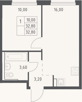 Планировка: 2-к, 32,8 м²
