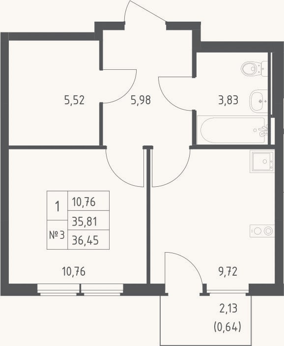 Планировка: 1-к, 35,8 м²